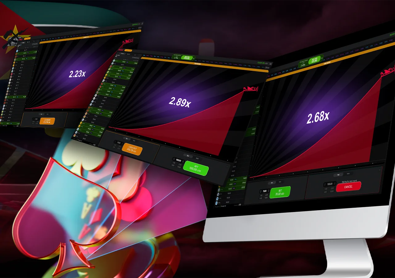 Várias telas de monitor com rodadas grátis do Aviator